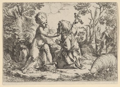 Joven San Juan Bautista arrodillado ante el niño Cristo que acaricia su rostro, ca. 1600-1640 de Guido Reni