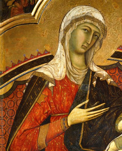Rostro de María, (detalle) de la Majestad por Guido da Siena (ca 1230-ca 1290), Sala de los Pilares, Palazzo Pubblico (Ayuntamiento), Siena de Guido da Siena