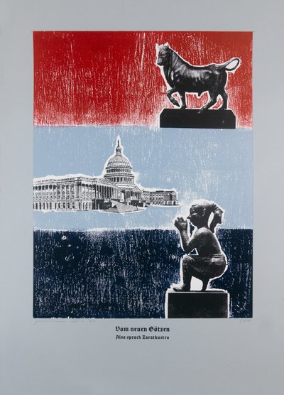 Sobre el nuevo ídolo, Así habló Zaratustra, 2024 (xilografía y serigrafía) de Guilherme Pontes
