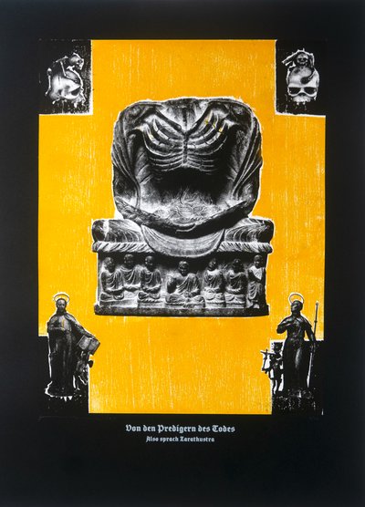 Sobre los predicadores de la muerte, Así habló Zaratustra, 2023 (xilografía y serigrafía) de Guilherme Pontes