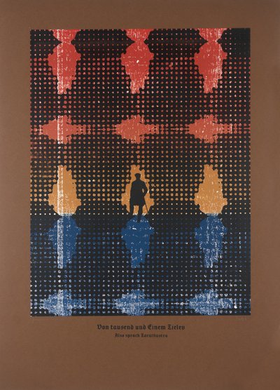 Sobre los mil y un objetivos, Así habló Zaratustra, 2024 (xilografía y serigrafía) de Guilherme Pontes