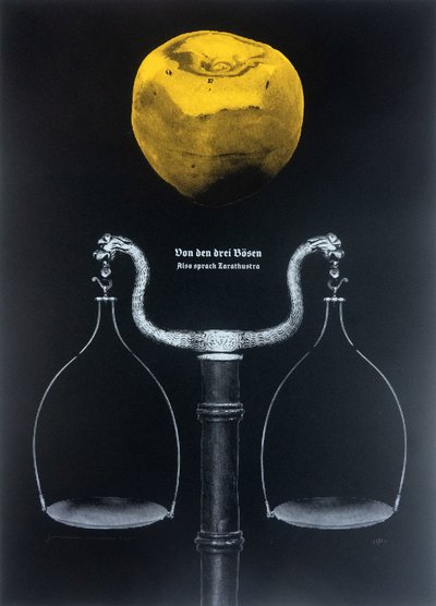 Sobre los tres males, Así habló Zaratustra, 2025 (xilografía y serigrafía) de Guilherme Pontes