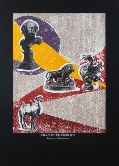 Sobre Las tres metamorfosis, Así habló Zaratustra, 2022 (xilografía y serigrafía) de Guilherme Pontes
