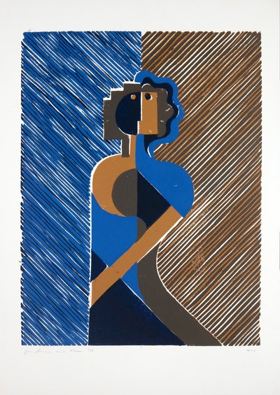 Mujer apoyada en una pared, 2019 (linograbado) de Guilherme Pontes