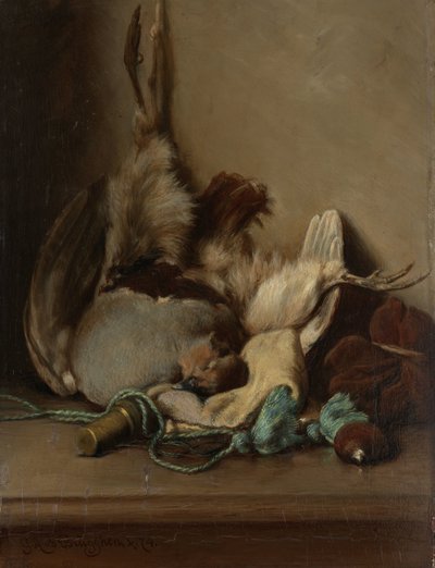 Bodegón con paloma de madera y cuerno de pólvora de Guillaume Anne van der Brugghen