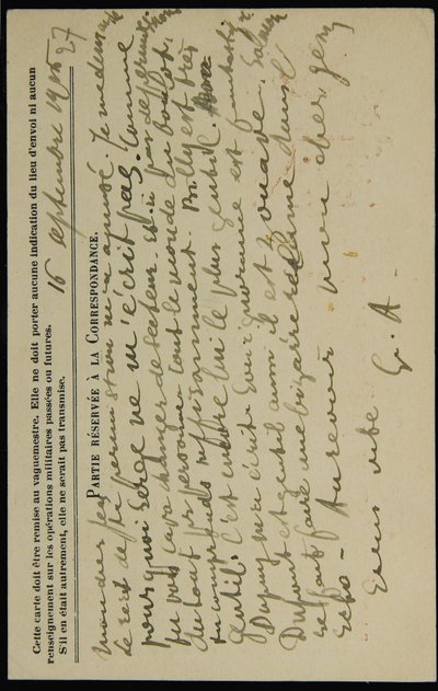 Tarjeta postal autógrafa a Jean Mollet, 16 de septiembre de 1915 de Guillaume Apollinaire