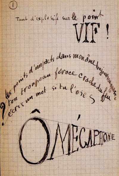 Caligrama por Guillaume Apollinaire - en "Du coton dans les oreilles", manuscrito autógrafo de 17 hojas de Guillaume Apollinaire