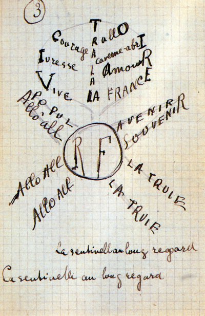 Caligrama de Guillaume Apollinaire - en “Du coton dans les oreilles”, manuscrito autógrafo de 17 hojas de Guillaume Apollinaire