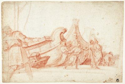 Escena de muelle (anverso); Dos bocetos de figuras masculinas (reverso) de Guillaume Courtois
