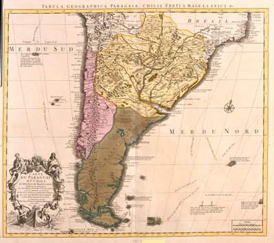 Chile (excepto el norte), Argentina, Paraguay, Uruguay, sudeste de Brasil, Islas Malvinas de Guillaume Delisle