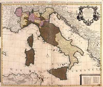 Mapa de Italia, con Córcega, Cerdeña y Sicilia de Guillaume Delisle