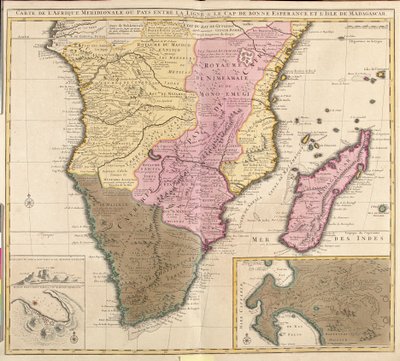 Mapa de África Meridional (Angola, Namibia, Zambia, Zimbabue, Mozambique, Sudáfrica) con la isla de Madagascar de Guillaume Delisle
