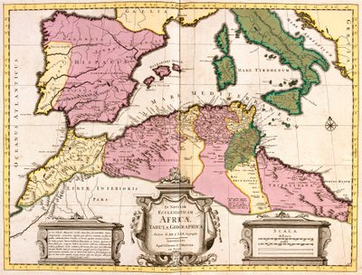 Mapa del Norte de África (Mauritania, Marruecos, Argelia, Túnez, Libia) y Europa (España, Portugal, Francia, Italia, Grecia con las Islas Baleares, Cerdeña, Córcega y Sicilia) (grabado) de Guillaume Delisle