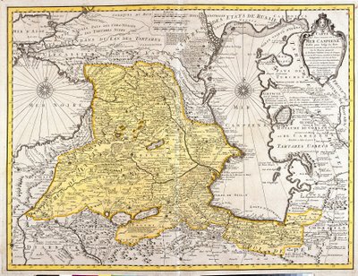 Mapa de los países vecinos del Mar Caspio (Rusia, Armenia, Persia, Kazajistán, Turkmenistán) (grabado) de Guillaume Delisle