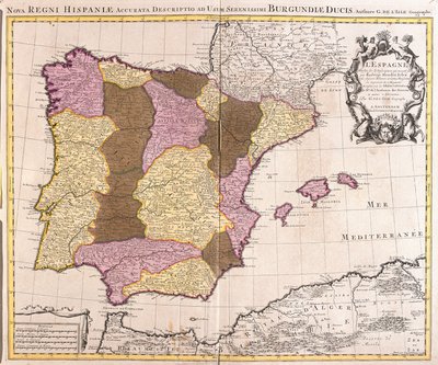 Mapa de la Península Ibérica, Reino de Portugal y España (grabado) de Guillaume Delisle
