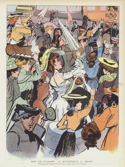 Mujeres despidiéndose del Rey Eduardo VII mientras deja la Gare des Invalides en París después de su... de Guillaume Le Barrois dOrgeval