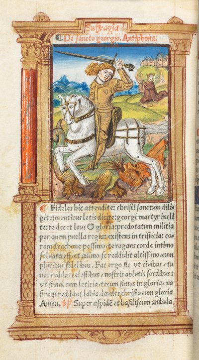 Libro de Horas Impreso (Uso de Roma): fol. 103v, San Jorge matando al dragón de Guillaume Le Rouge