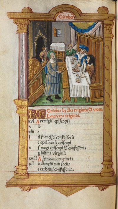 Libro de horas impreso (uso de Roma): fol. 11v, página del calendario de octubre de Guillaume Le Rouge