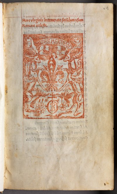 Libro de horas impreso (uso de Roma): fol. 1r, marca de imprenta de Guillaume Le Rouge