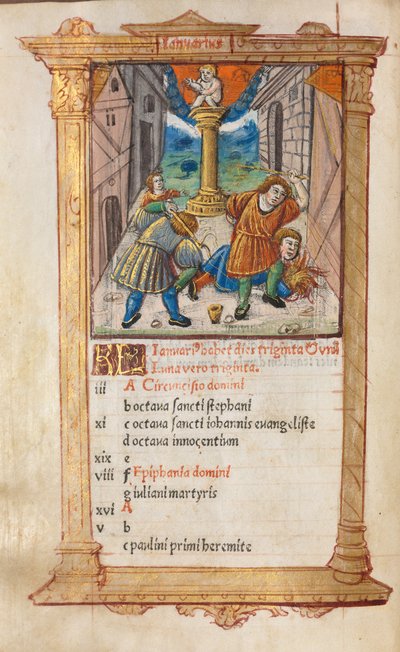 Libro de horas impreso (uso de Roma): fol. 2v, ilustración del calendario de enero de Guillaume Le Rouge