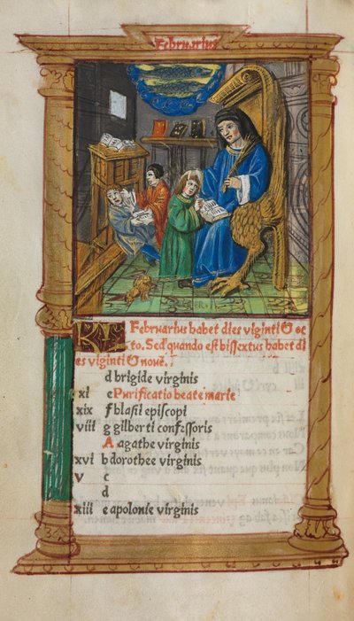 Libro de horas impreso (uso de Roma): fol. 3v, ilustración del calendario de febrero de Guillaume Le Rouge