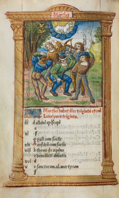 Libro de horas impreso (uso de Roma): fol. 4v, ilustración del calendario de marzo de Guillaume Le Rouge