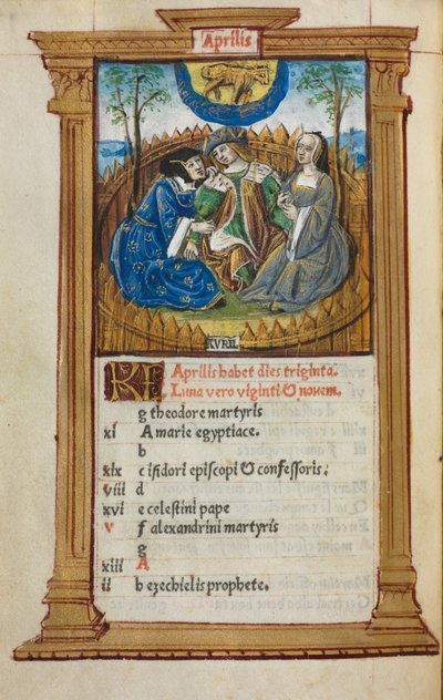 Libro de horas impreso (uso de Roma): fol. 5v, ilustración del calendario de abril de Guillaume Le Rouge