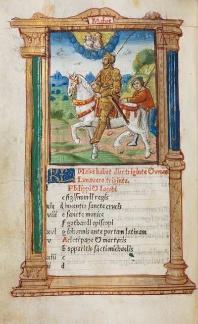 Libro de horas impreso (uso de Roma): fol. 6v, ilustración del calendario de mayo de Guillaume Le Rouge