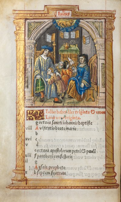 Libro de horas impreso (uso de Roma): fol. 8v, ilustración del calendario de julio de Guillaume Le Rouge