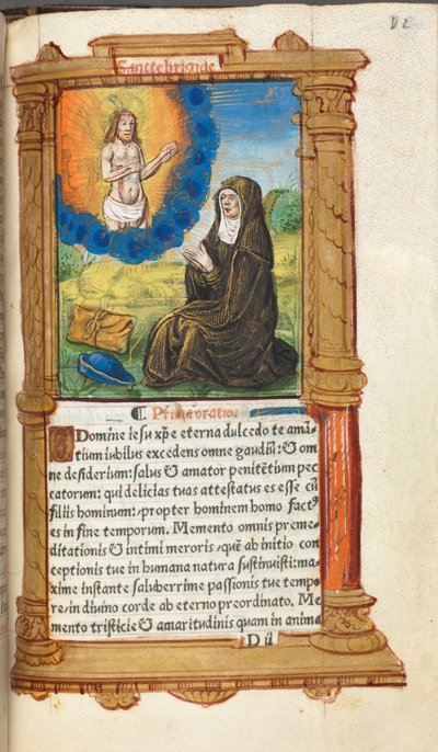 Libro de Horas Impreso (Uso de Roma): fol. 90r, Santa Brígida en oración ante una aparición de Cristo. de Guillaume Le Rouge