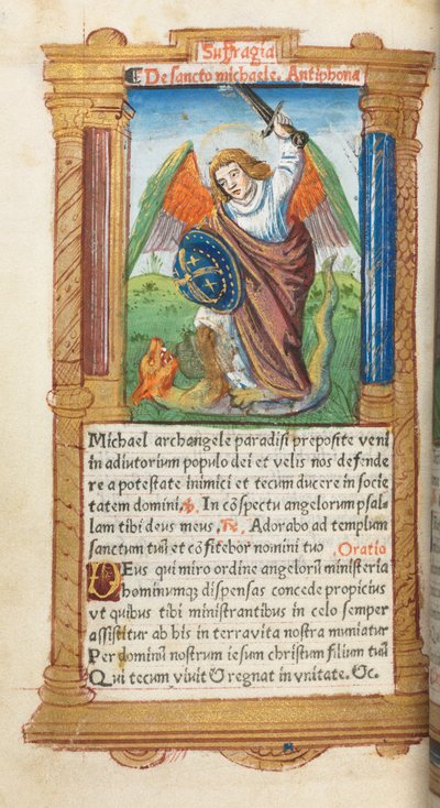 Libro de Horas Impreso (Uso de Roma): fol. 97v, San Miguel Arcángel de Guillaume Le Rouge