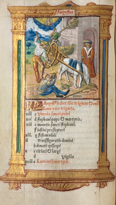 Libro de horas impreso (uso de Roma): fol. 9v, ilustración del calendario de agosto de Guillaume Le Rouge