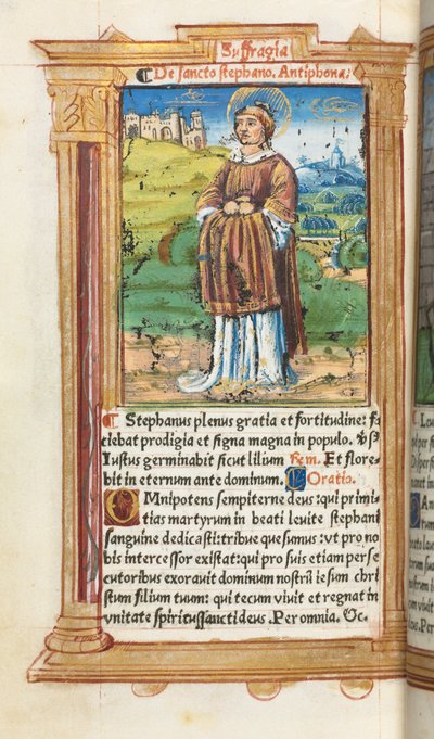 Libro de Horas impreso Uso de Roma: fol. 100v, San Esteban, 1510 de Guillaume Le Rouge