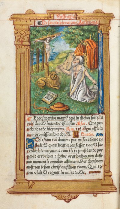 Libro de Horas Impreso Uso de Roma: fol. 107v, San Jerónimo y el león de Guillaume Le Rouge