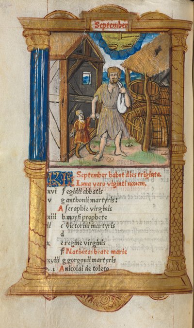 Libro de Horas impreso Uso de Roma: fol. 10v, ilustración del calendario de septiembre, 1510 de Guillaume Le Rouge
