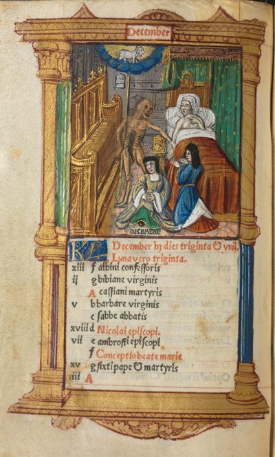 Libro de Horas impreso Uso de Roma: fol. 13v, página del calendario de diciembre, 1510 de Guillaume Le Rouge
