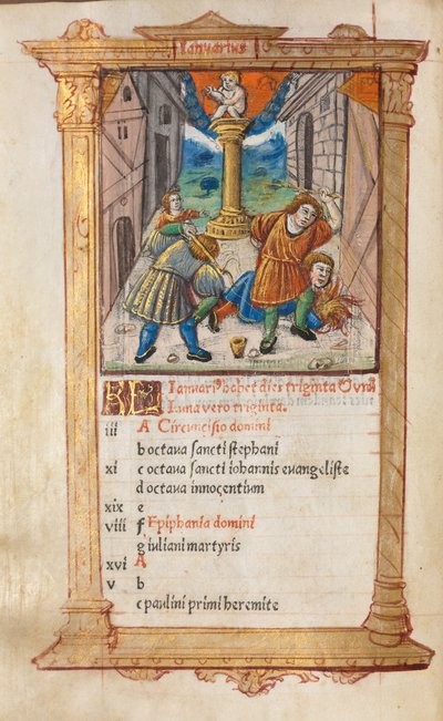 Libro impreso de Horas Uso de Roma: fol. 2v, ilustración del calendario de enero de Guillaume Le Rouge