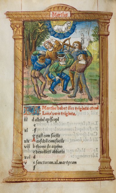 Libro de horas impreso Uso de Roma: fol. 4v, ilustración del calendario de marzo, 1510 de Guillaume Le Rouge