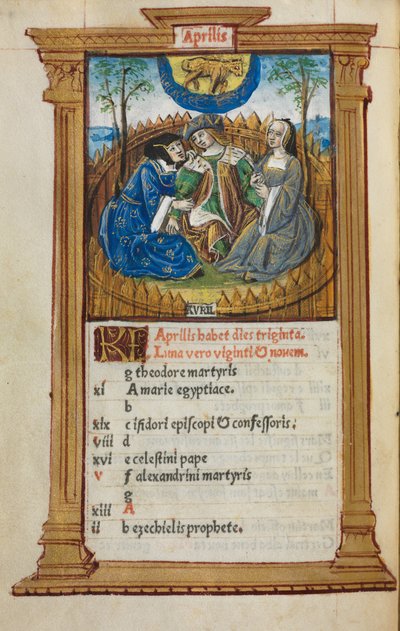 Libro impreso de Horas Uso de Roma: fol. 5v, ilustración del calendario de abril, 1510 de Guillaume Le Rouge