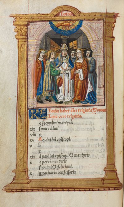 Libro de Horas Impreso Uso de Roma: fol. 7v, ilustración del calendario de junio, 1510 de Guillaume Le Rouge
