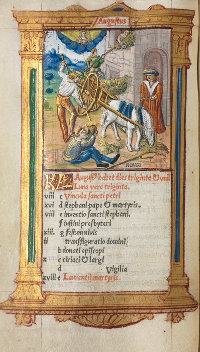 Libro impreso de Horas Uso de Roma: fol. 9v, ilustración del calendario de agosto, 1510 de Guillaume Le Rouge