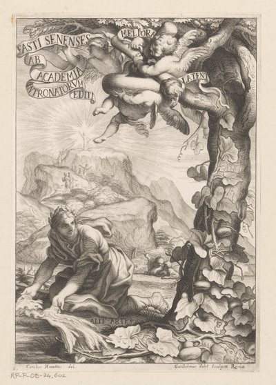 Representación alegórica de una mujer aclamada regando un árbol de calabaza; en el fondo las figuras ascienden una montaña Página de título para: Giovanni Baptista Ferrari, Fasti Senenses, Ab Academia Intronatorum Editi, 1661 de Guillaume Vallet