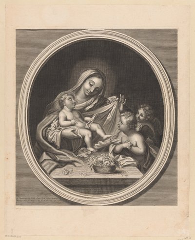 María con el Niño y dos ángeles detrás de una mesa con una cesta de flores. de Guillaume Vallet