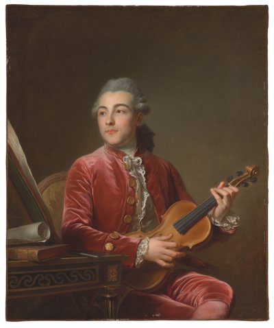 Retrato de un caballero, medio cuerpo, sentado con una chaqueta de terciopelo rojo y un violín de Guillaume Voiriot