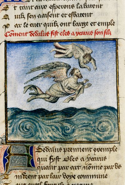 Dédalo e Ícaro. Para escapar de Minos, Dédalo empuja a su hijo Ícaro a volar gracias a sus alas de cera. Miniatura de Guillaume Lorris del manuscrito "El Roman de la Rose" de Guillaume de Lorris