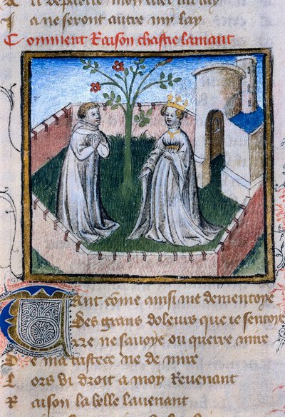 Representación de una pareja de amantes cerca de una rosa, miniatura en "Roman de la Rose" de Guillaume de Lorris