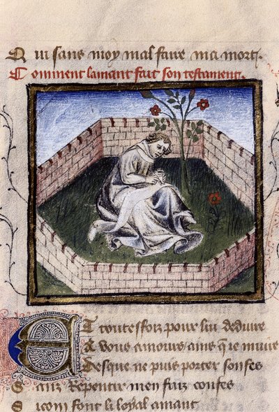 Representación de un joven enamorado en el jardín de las delicias descubriendo la fuente de Narciso, miniatura en "Roman de la Rose" de Guillaume Lorris de Guillaume de Lorris