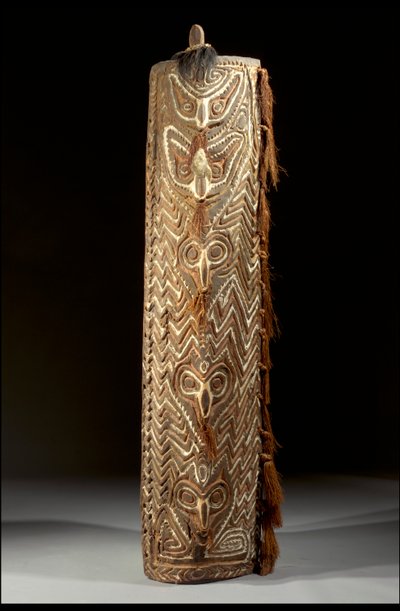 Escudo rectangular curvado de Sepik, el frente con banda central de cinco máscaras, cada una con fibra en el tabique perforado, dentro de un panel de zigzags tallados de Guinean New