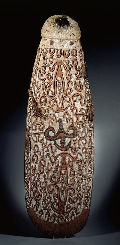 Escudo ovalado Asmat, tallado en relieve con ornamento de volutas que incorpora figuras altamente estilizadas, borlas trenzadas en el borde de Guinean New