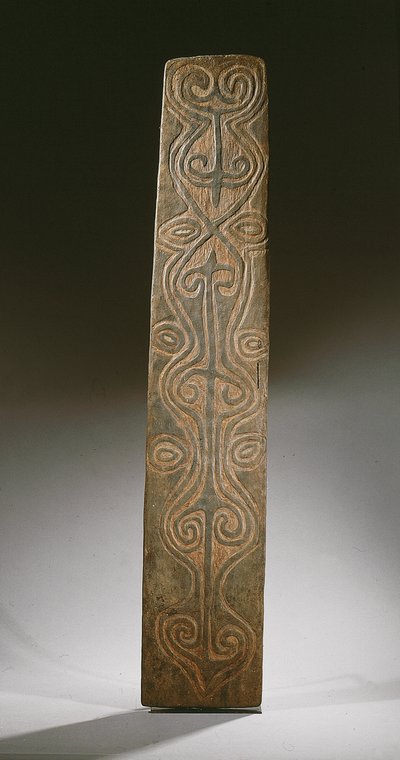 Escudo rectangular de Nueva Guinea, decorado con volutas talladas en relieve, la parte posterior con seis orejetas talladas para sostener lazos de ratán, Río April de Guinean New